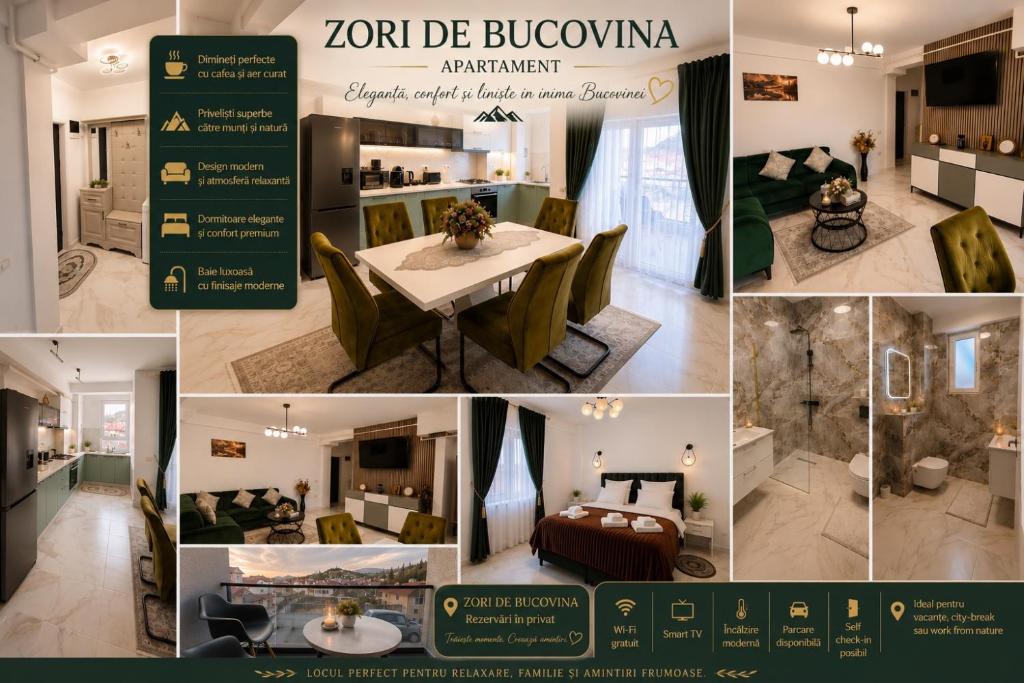 a collage of photos of a living room and dining room at Zori de Bucovina Apartament in Gura Humorului