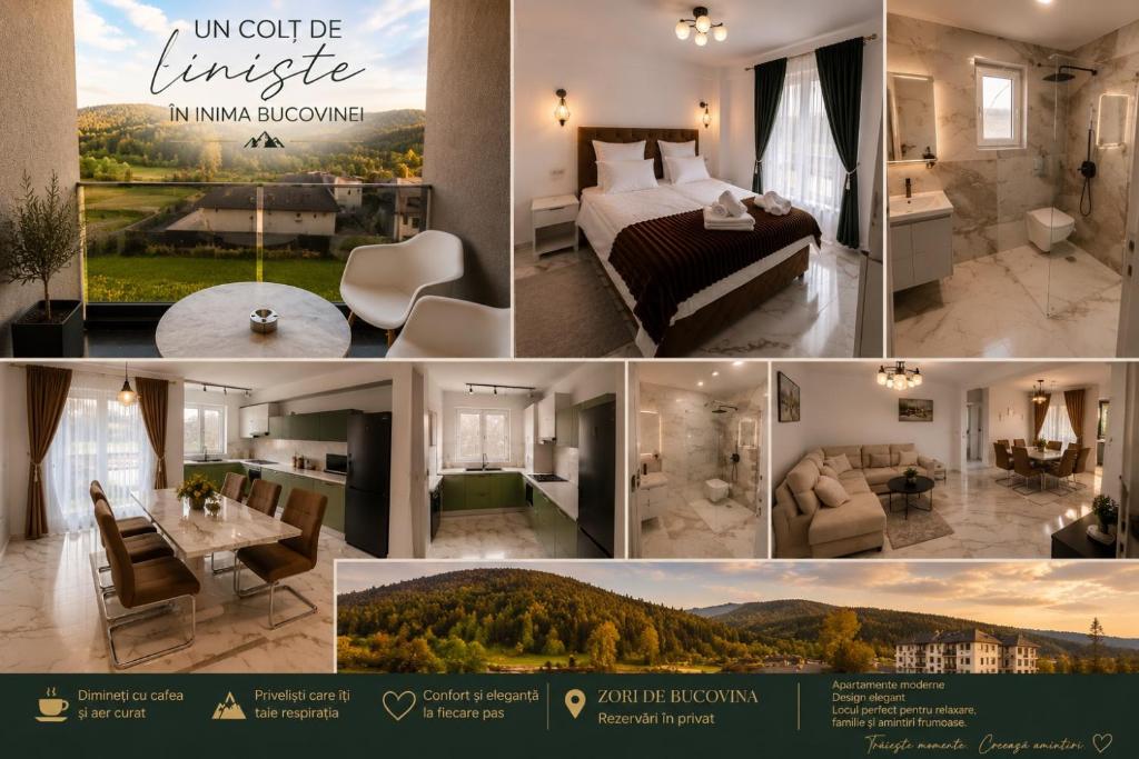 a collage of photos of a hotel room at Zori de Bucovina in Gura Humorului