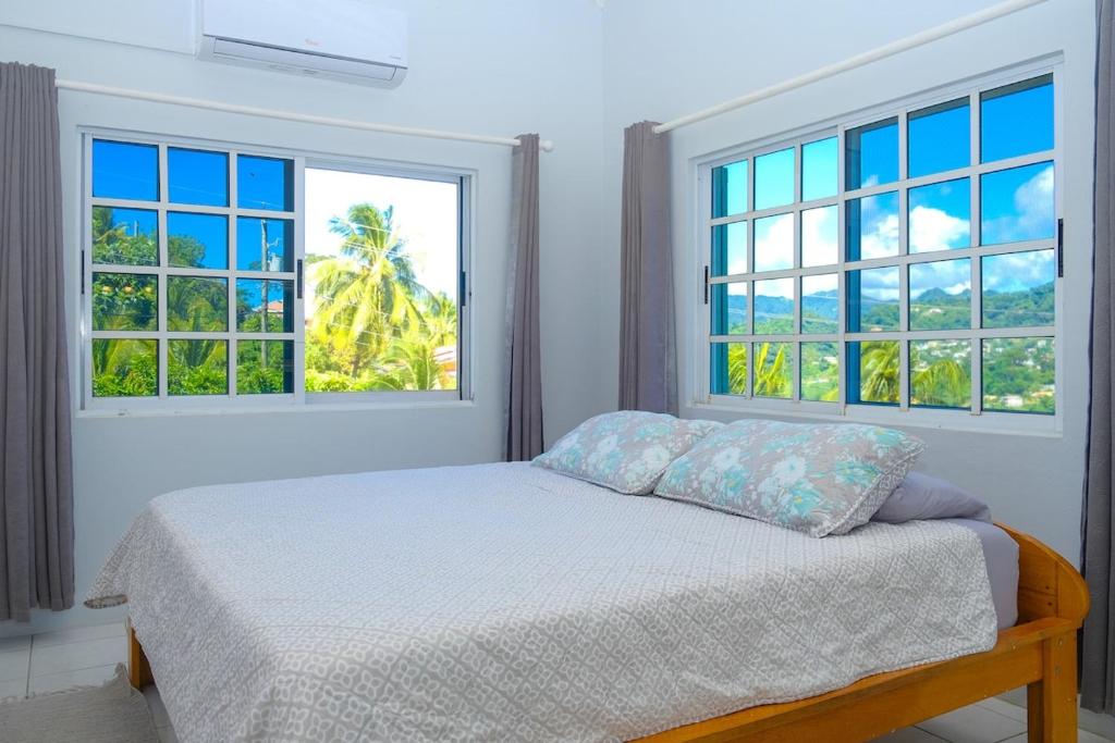 a bedroom with a bed and two windows at Spacious Apartment Mountain & Sea Views in Mount Helicon