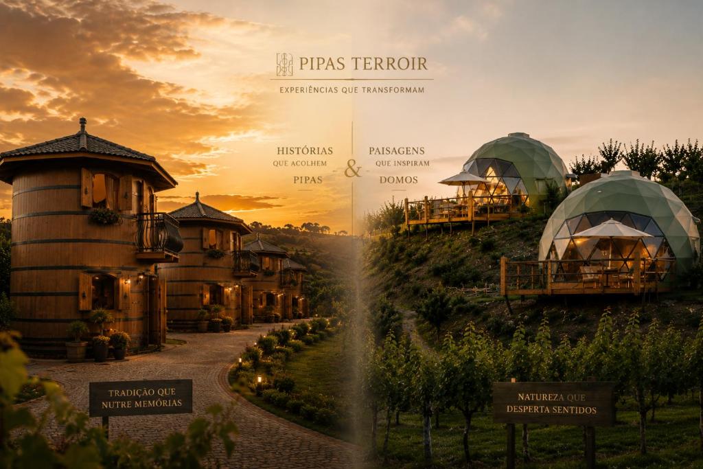 a poster of a winery with a sunset in the background at Pipas Terroir & Domos Perlage - Experiências Únicas no Vale dos Vinhedos in Bento Gonçalves