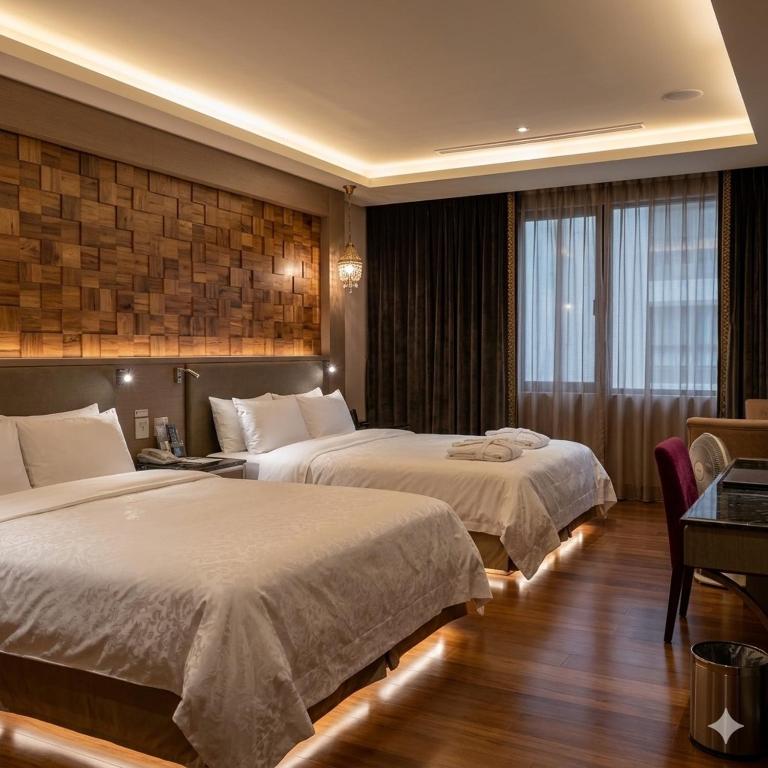 a hotel room with two beds and a desk at R7 Hotel in Kaohsiung
