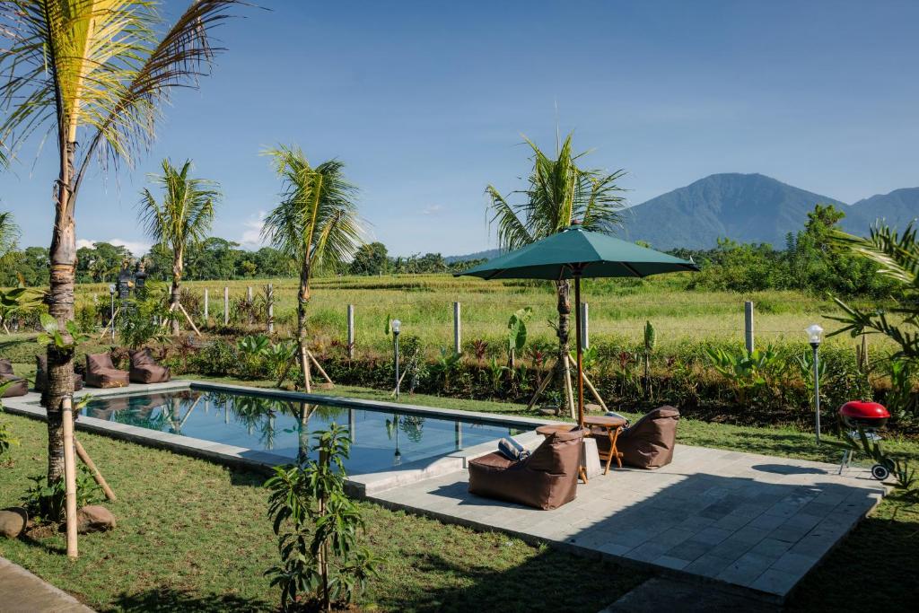 a pool with chairs and an umbrella and palm trees at Tegal Wangi Penebel in Penebel