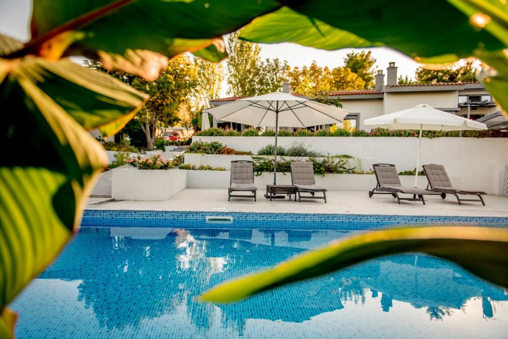 a swimming pool with two chairs and umbrellas at Pleiades Boutique Villas in Kriopigi