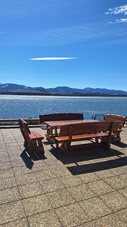 two picnic tables and benches next to a body of water at Drevenica MARKA beachfront cottage in Liptovský Trnovec