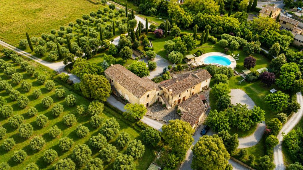 an aerial view of an estate with trees and a pool at Sant'Ippolito in Asciano