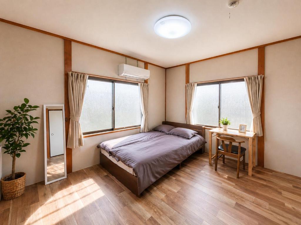 a bedroom with a bed and a table and two windows at 晴の川 in Wakayama
