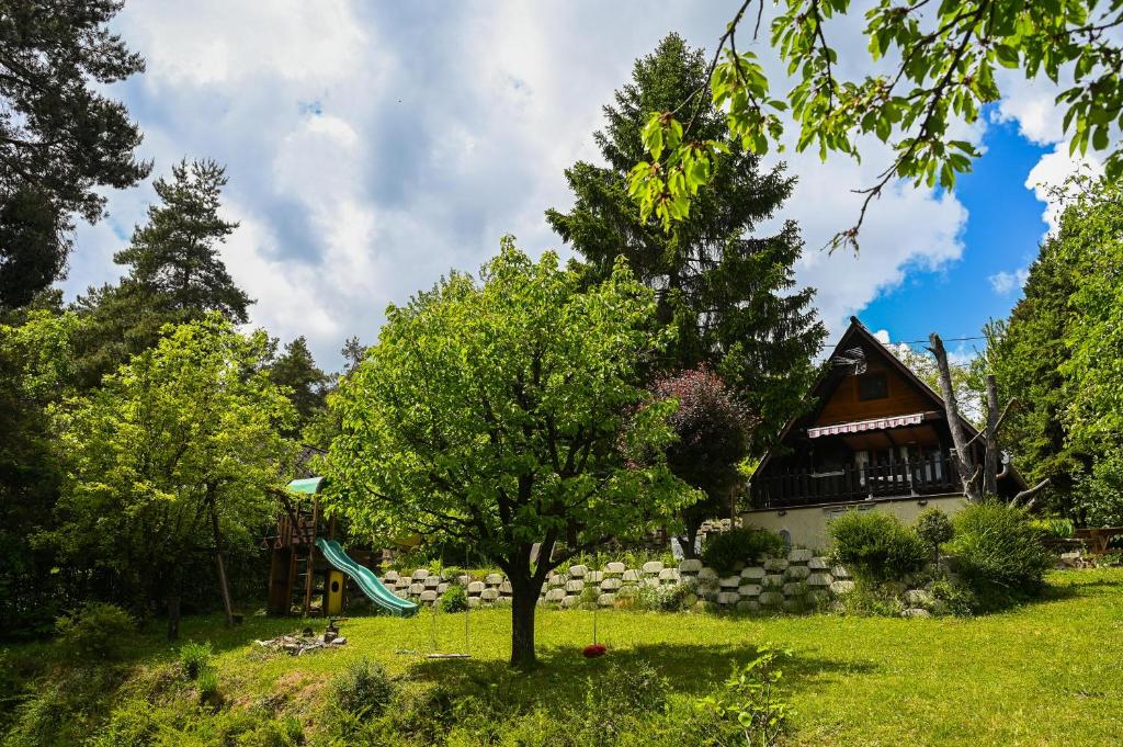 a tree in front of a house with a slide at Jó, hogy itt vagy! in Orfű