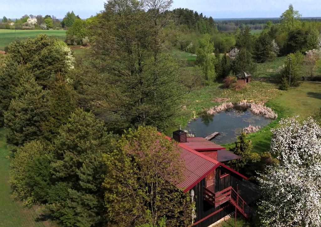 an aerial view of a house with a pond at Bajorinų sodyba in Varėna