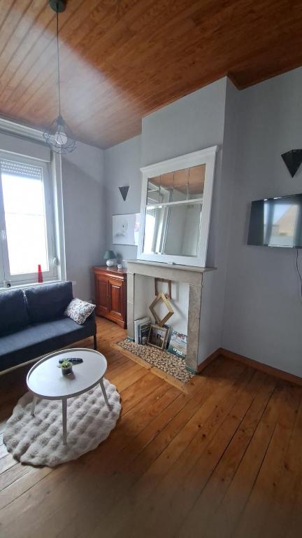 a living room with a couch and a fireplace at Maison Aux Cailloux in Calais