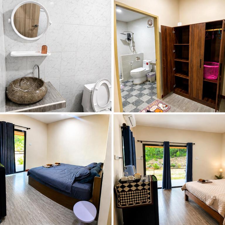 a collage of four pictures of a bedroom at The Sun homestay03 in Ko Kut
