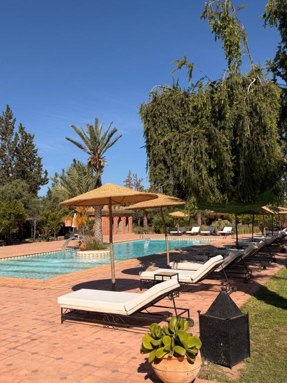 a pool with lounge chairs and umbrellas next to it at LES JARDINS DE MARRAKECH in Marrakesh