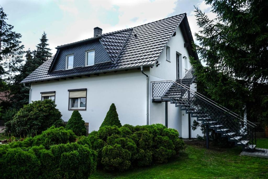 a white house with a black roof at Ferienhaus Voss in Alt Zauche