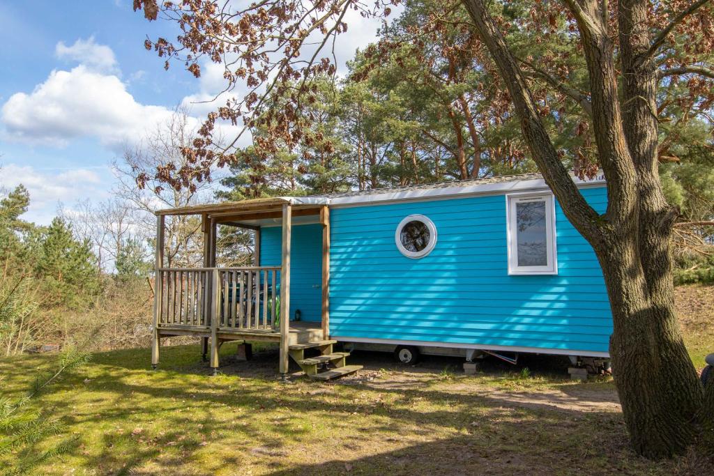 a blue tiny house with a porch next to a tree at Mobilheime Lagune in Lychen