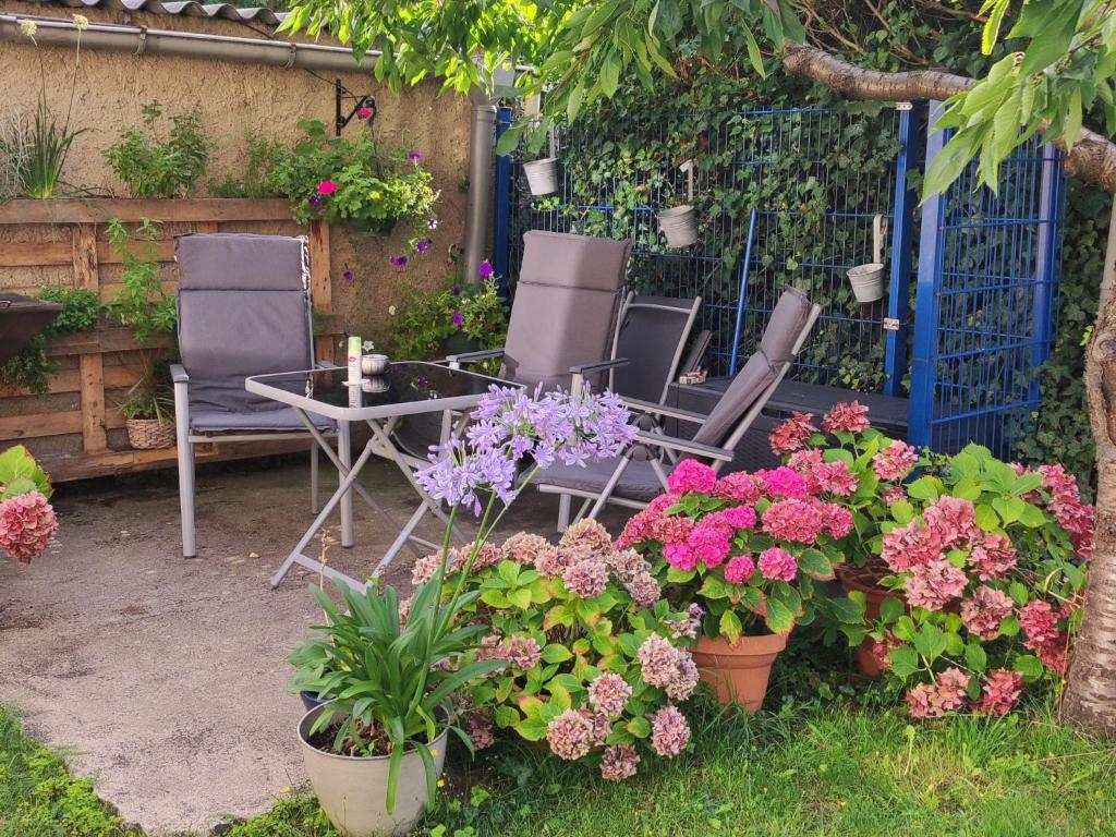three chairs and a table and flowers in a garden at Ferienhaus "Christin" Objekt-ID 15689-2 in Waren