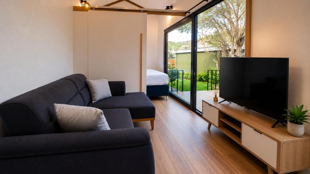 a living room with a couch and a flat screen tv at Alya Hill Bodrum in Bodrum City