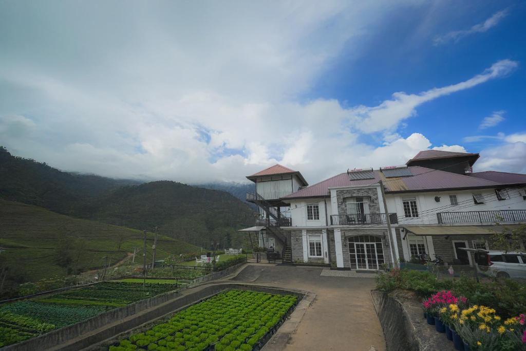 a large white house with a garden of green plants at Friendly Hills Hotel in Nuwara Eliya