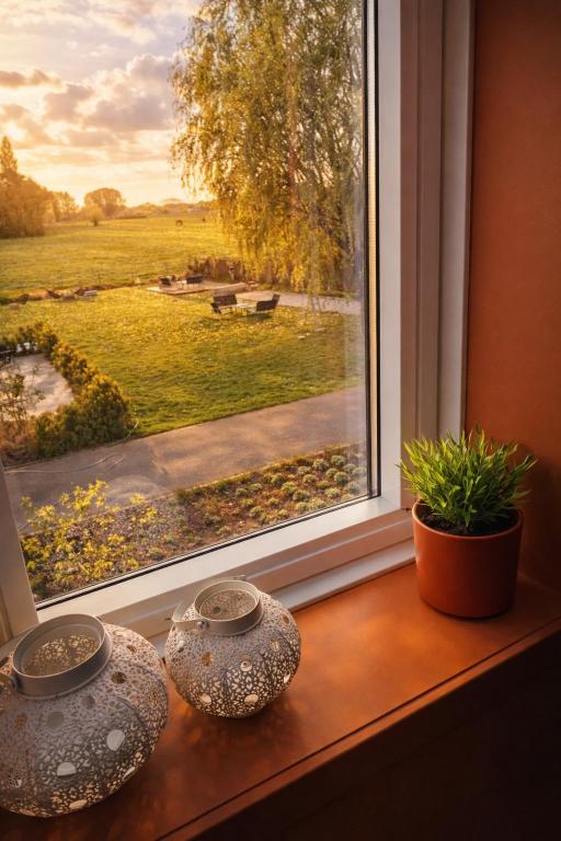two vases sitting on a window sill with a view at B&B Heinehoeve in Kaprijke