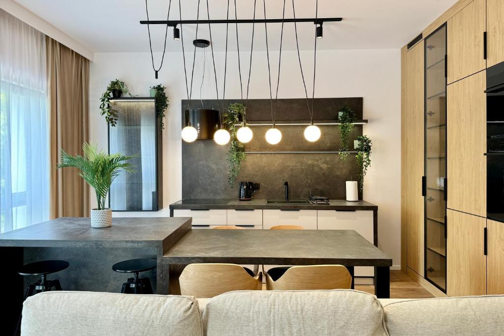 a kitchen and dining room with a table and chairs at Apartament Stara Fabryka 3 in Włocławek