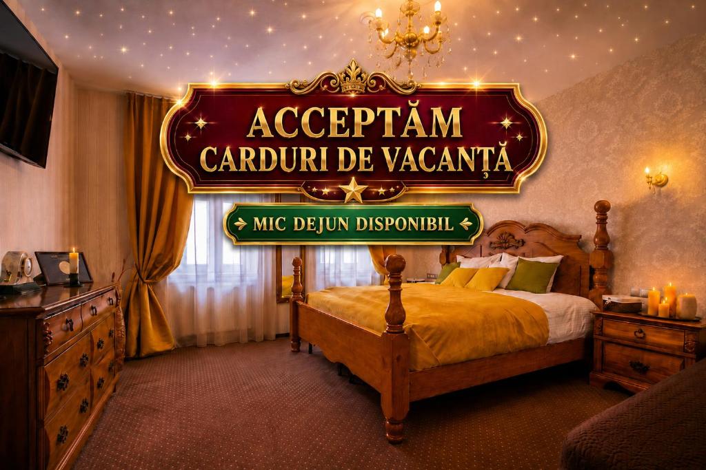 a hotel room with a sign that reads acederation carron de venezuelania at Hermannstadt House 1 in Sibiu