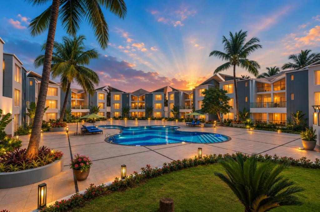 an image of a resort with a pool and palm trees at Sterling Arka Suites, Puri in Puri