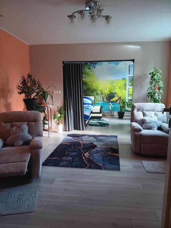 a living room with a living room with a rug on the floor at Kamienica Senator in Skierniewice