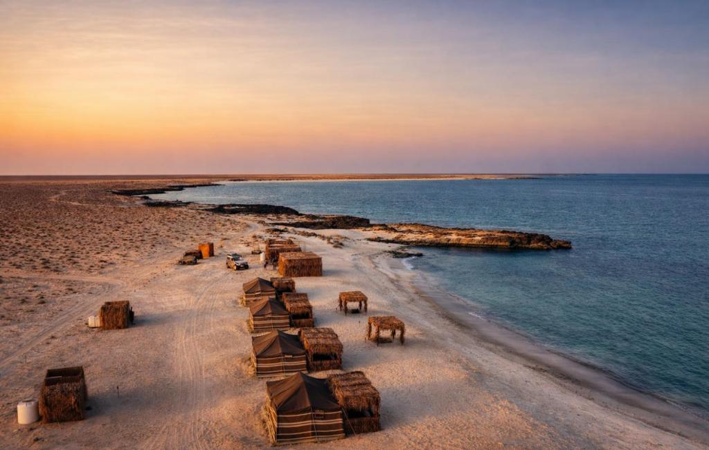 a beach with a group of logs in the water at Ocean Camp in Al Qārin