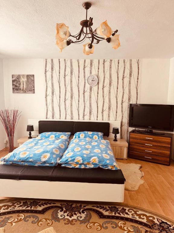 a bedroom with a bed and a flat screen tv at Apartmán Kristínka in Lendak