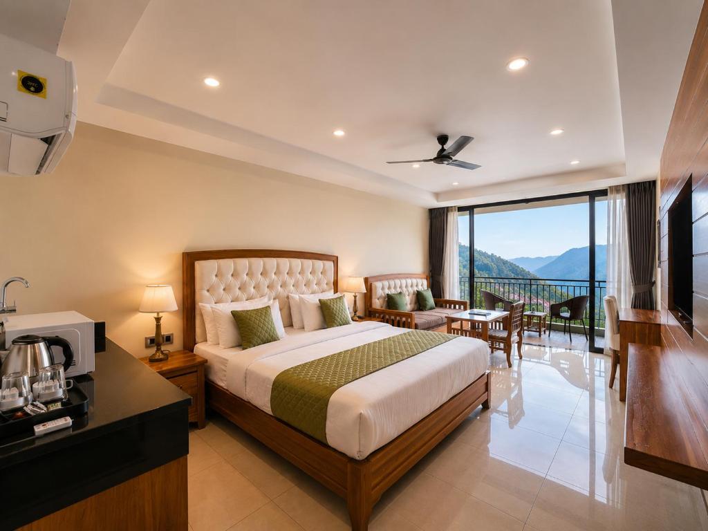 a hotel room with a bed and a balcony at Mokshada Hotel & Resort A Premium Property Near Jaypee in Mussoorie