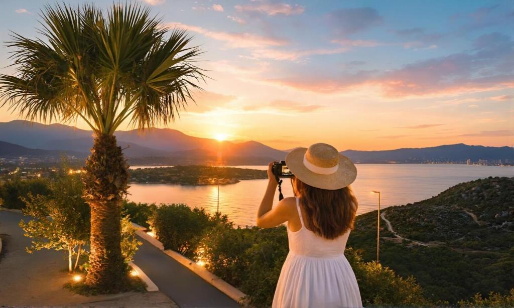 a woman taking a picture of the sunset at Istron Homes in Istro