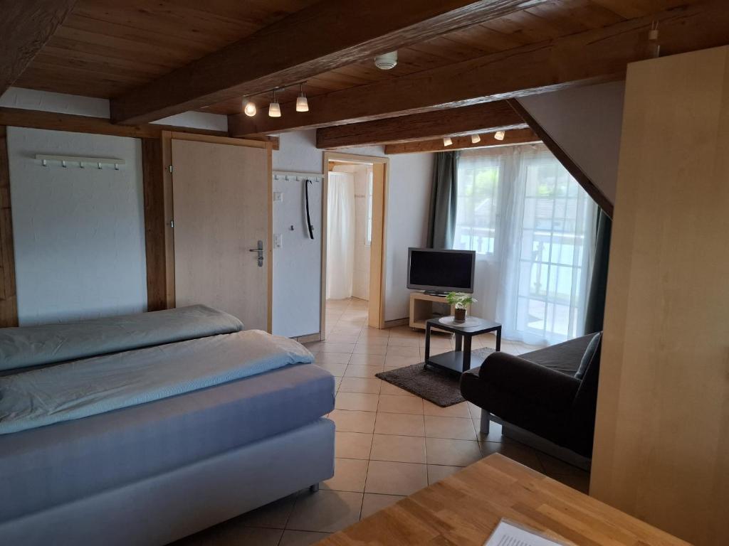 a living room with a bed and a television at Hotel & Restaurant Rössli in Seedorf