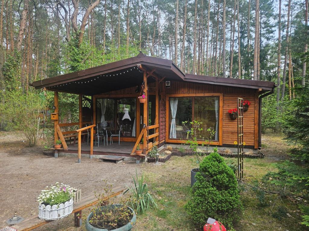 a small cabin in the woods with a porch at HomeWood - Popowo Letnisko in Gąsiorowo Duże