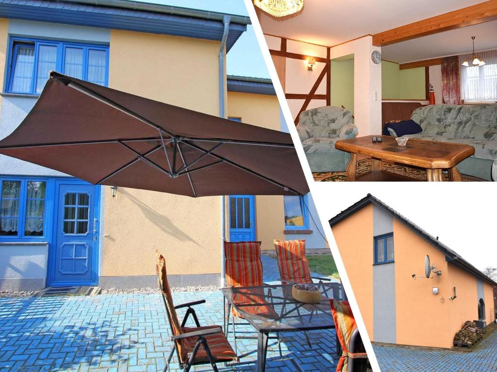a group of three pictures of a patio with an umbrella at Grischow Ferienwohnung in Grischow