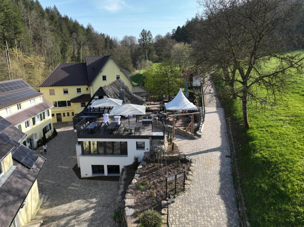 an aerial view of a building with a restaurant at Siegelsbacher Muehle in Siegelsbach