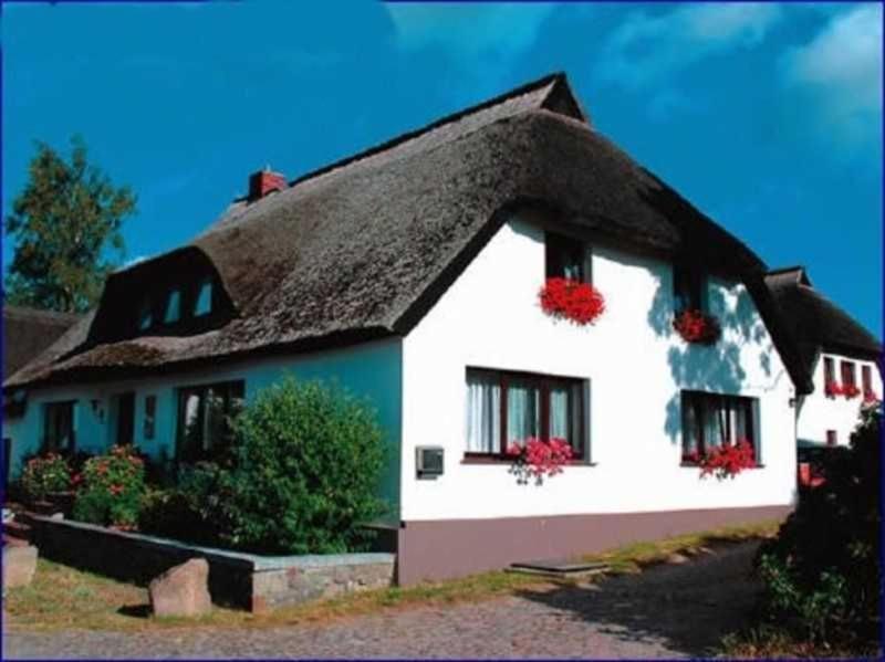 a house with a thatched roof with flowers on the windows at Ruegen_Fewo 233 in Groß Zicker