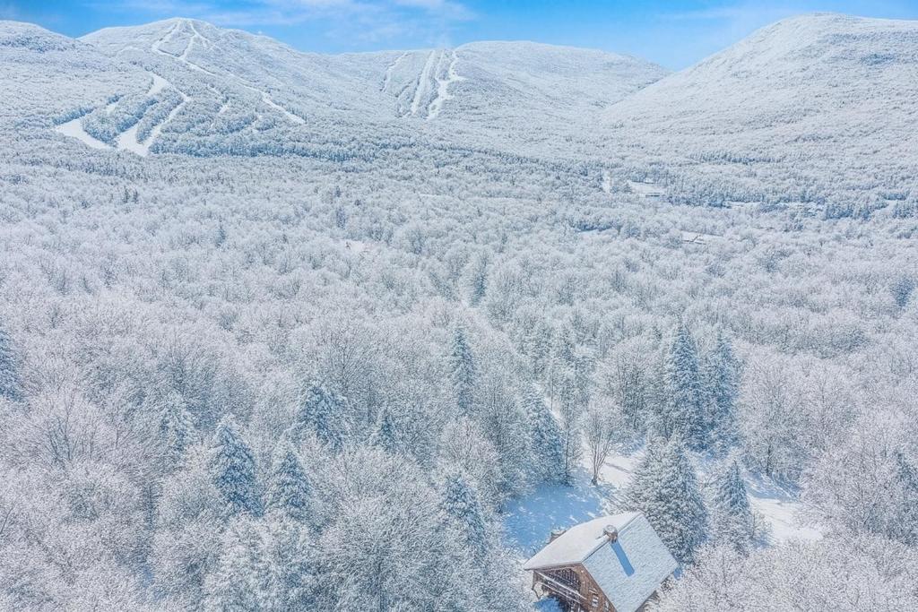 an aerial view of a snow covered forest and mountains at Smugglers Trove a Mountain Adventure Getaway in Cambridge