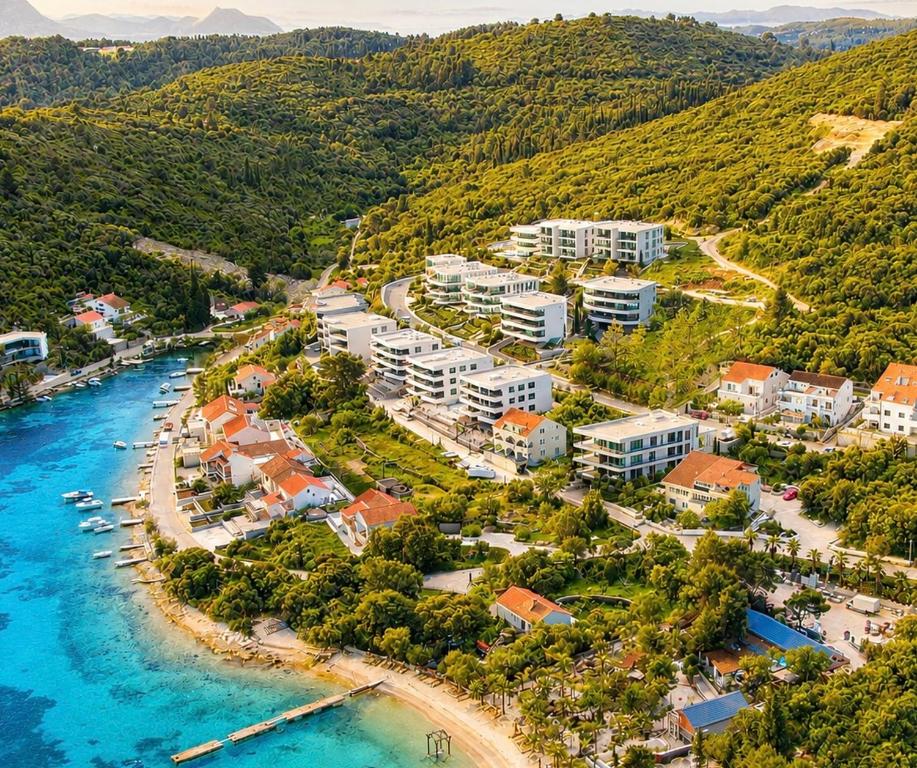 an aerial view of a resort next to a beach at Korcula Holiday in Korčula