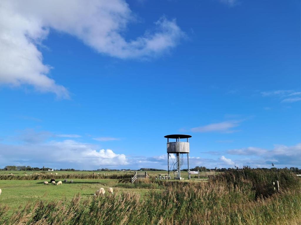 a water tower in the middle of a field at B&B De Zeeaster in Kimswerd