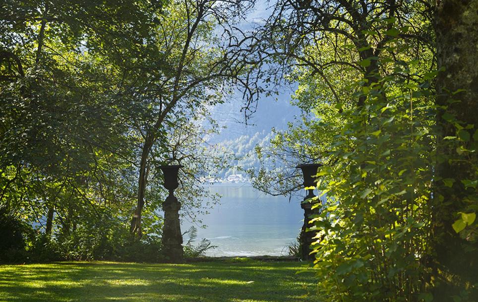 a park with trees and a view of the water at Park am See in Obertraun