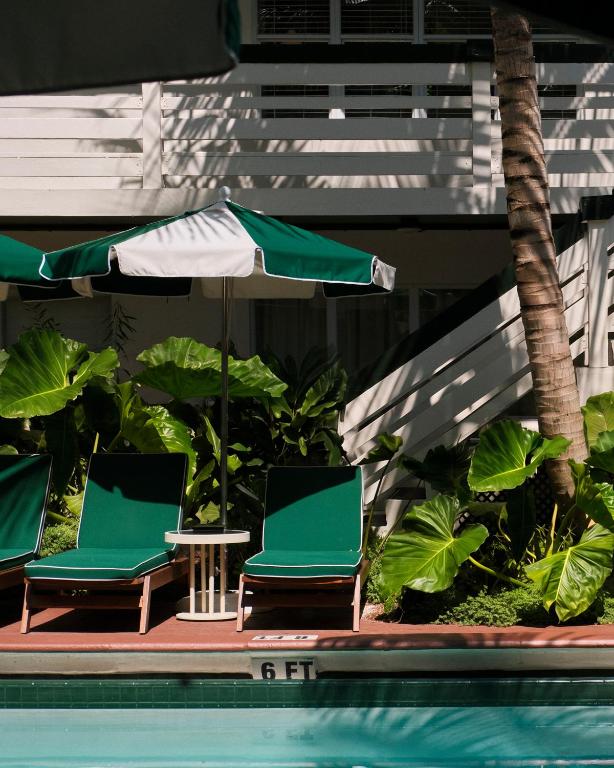 two chairs and an umbrella next to a swimming pool at Perroquet Hotel in Fort Lauderdale