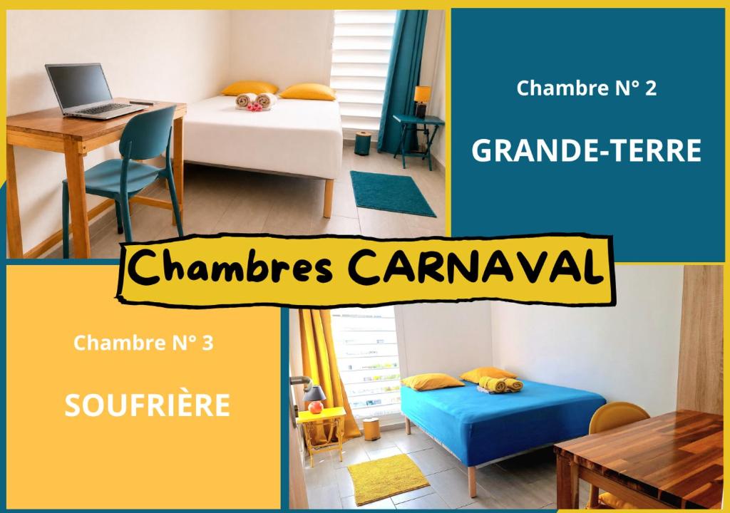 a collage of three pictures of a room with a table and a bed at Chambre Carnaval Abymes Guadeloupe in Les Abymes