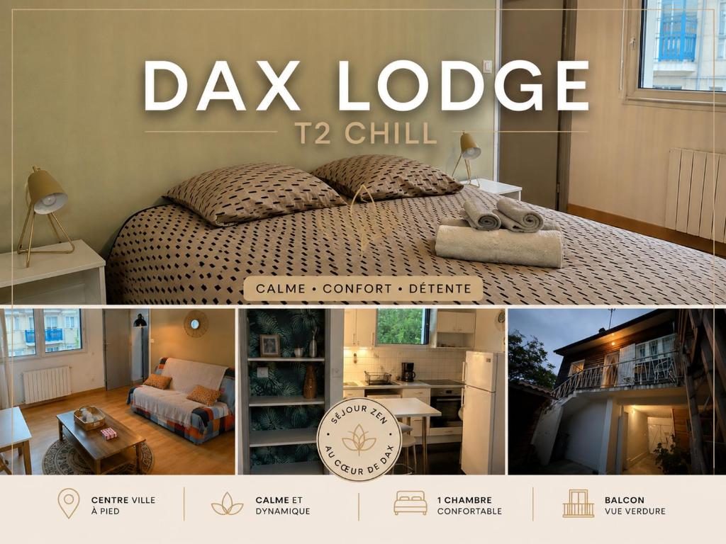a collage of photos of a room with a bed and a clock at DaxLodge T2 Chill in Dax