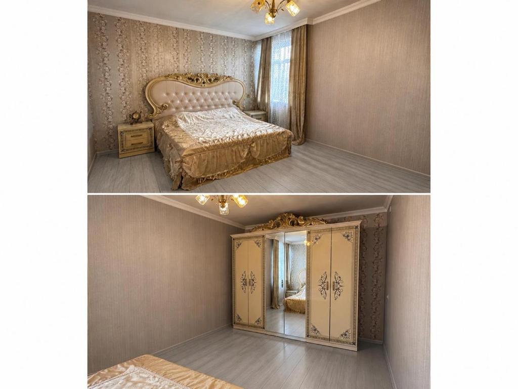 two pictures of a bedroom with a bed and a cabinet at Apartment in Lankaran in Lankaran