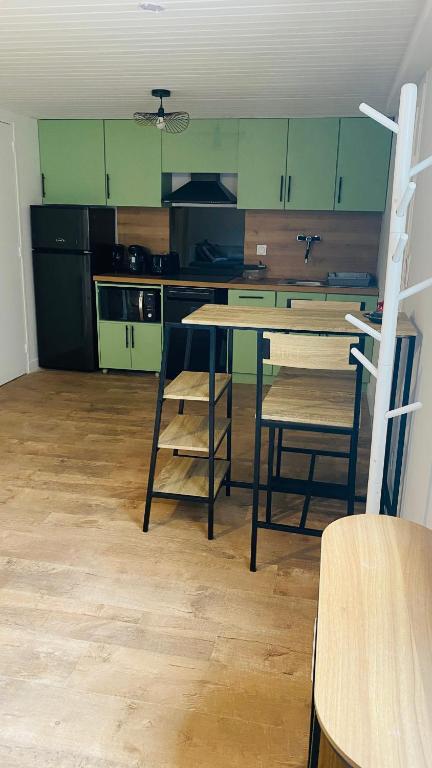 a kitchen with green cabinets and a table and chairs at Studio Saint Julien de Concelles 5 minutes de la Loire in Saint-Julien-de-Concelles