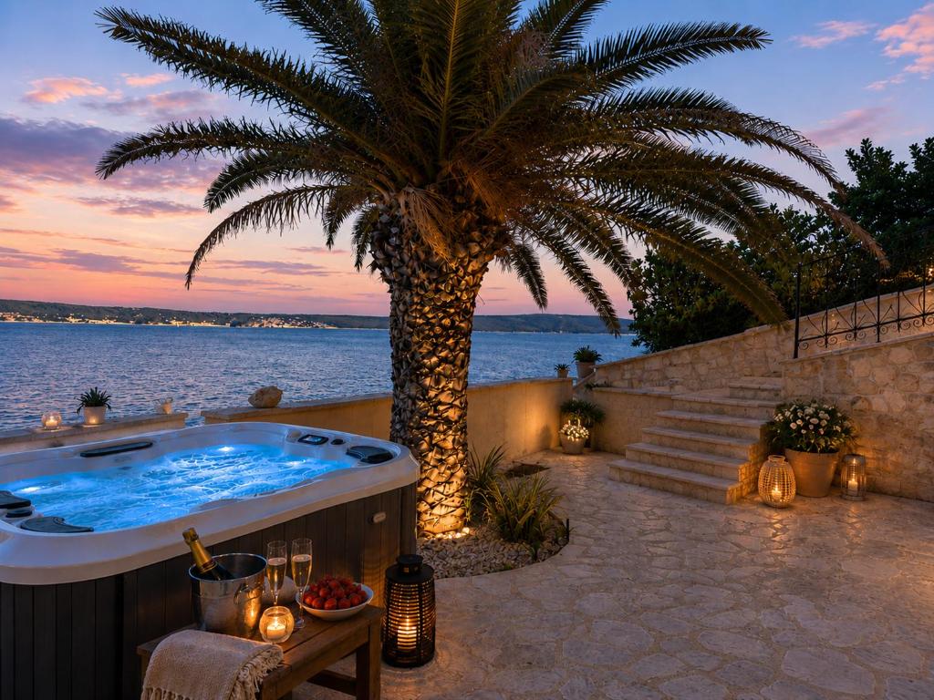 a hot tub on a patio with a palm tree at Villa Jasmin Posedarje in Posedarje