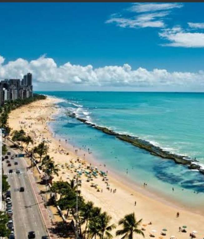 a view of a beach with palm trees and the ocean at Apto com localização privilegiada e piscina - Charmoso e completo in Recife