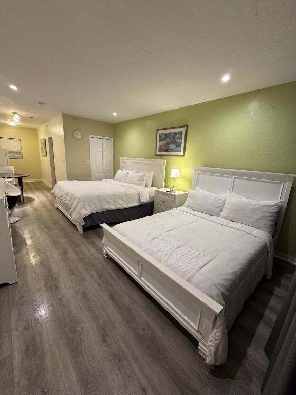 two beds in a room with green walls at Stardust Hotel in Miami Beach