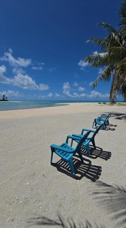 three blue beach chairs sitting on a sandy beach at Tikehau Herearii in Tikehau Airport