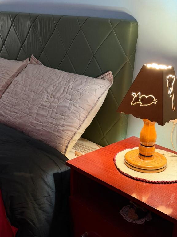 a lamp on a table next to a bed at Duna Blanca II in Fiambalá