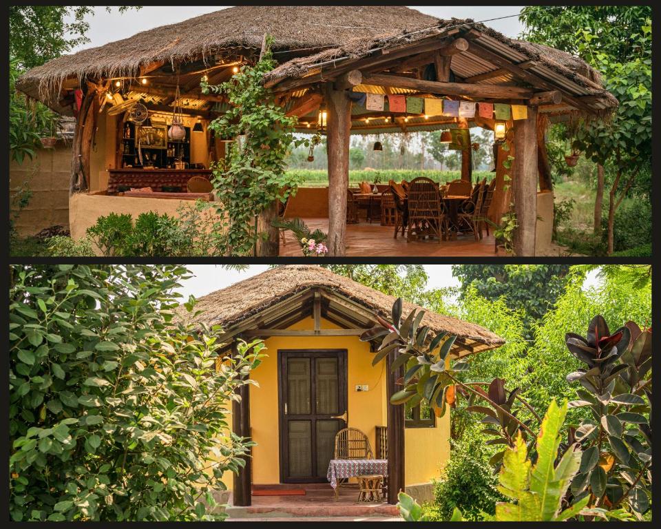 two pictures of a house with a gazebo at Sunsetview Safari Lodge in Bardiyā