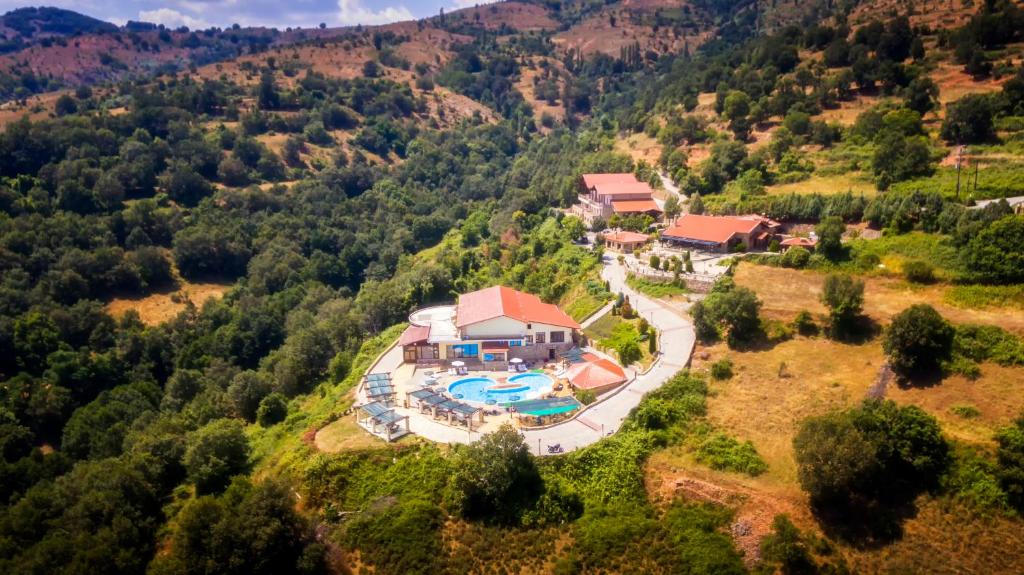 una vista aérea de una casa con piscina en Hotel Loggas, en Sidhirokhórion